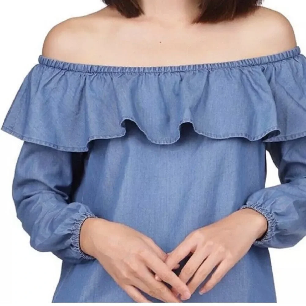 Michael Kors Women's Ruffled Off Shoulder Multi- Wear Blouse Top Blue Chambray L